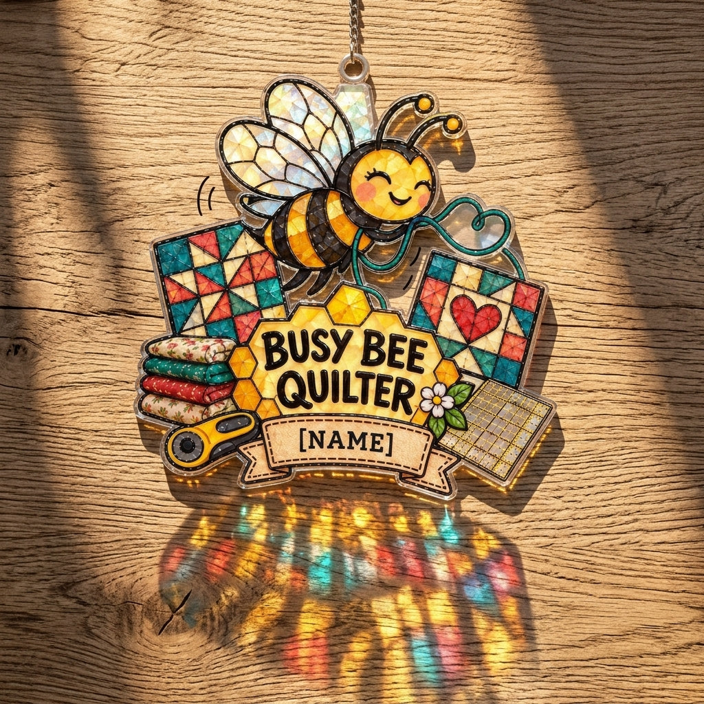 Personalized Busy Bee Quilter Custom Shape Suncatcher – Charming Gift for Quilting Lovers - mockup 2