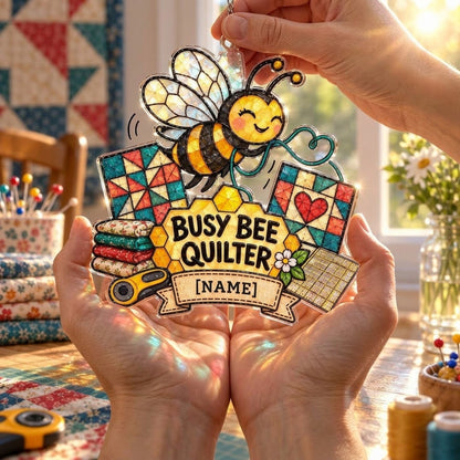 Personalized Busy Bee Quilter Custom Shape Suncatcher – Charming Gift for Quilting Lovers - mockup 3