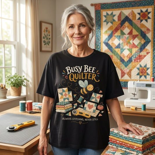 Busy Bee Quilter T-shirt Sweatshirt Hoodie - Always Stitching Sewing Gift - mockup 1