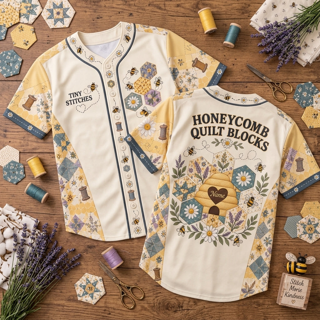 Personalized Honeycomb Quilt Block Baseball Jersey - Gift for Quilters - mockup 1