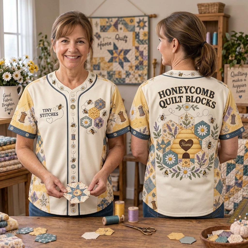 Personalized Honeycomb Quilt Block Baseball Jersey - Gift for Quilters - mockup 2