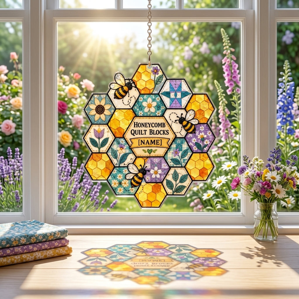 Personalized Honeycomb Quilt Block Custom Shape Suncatcher – Gift for Quilters - mockup 1
