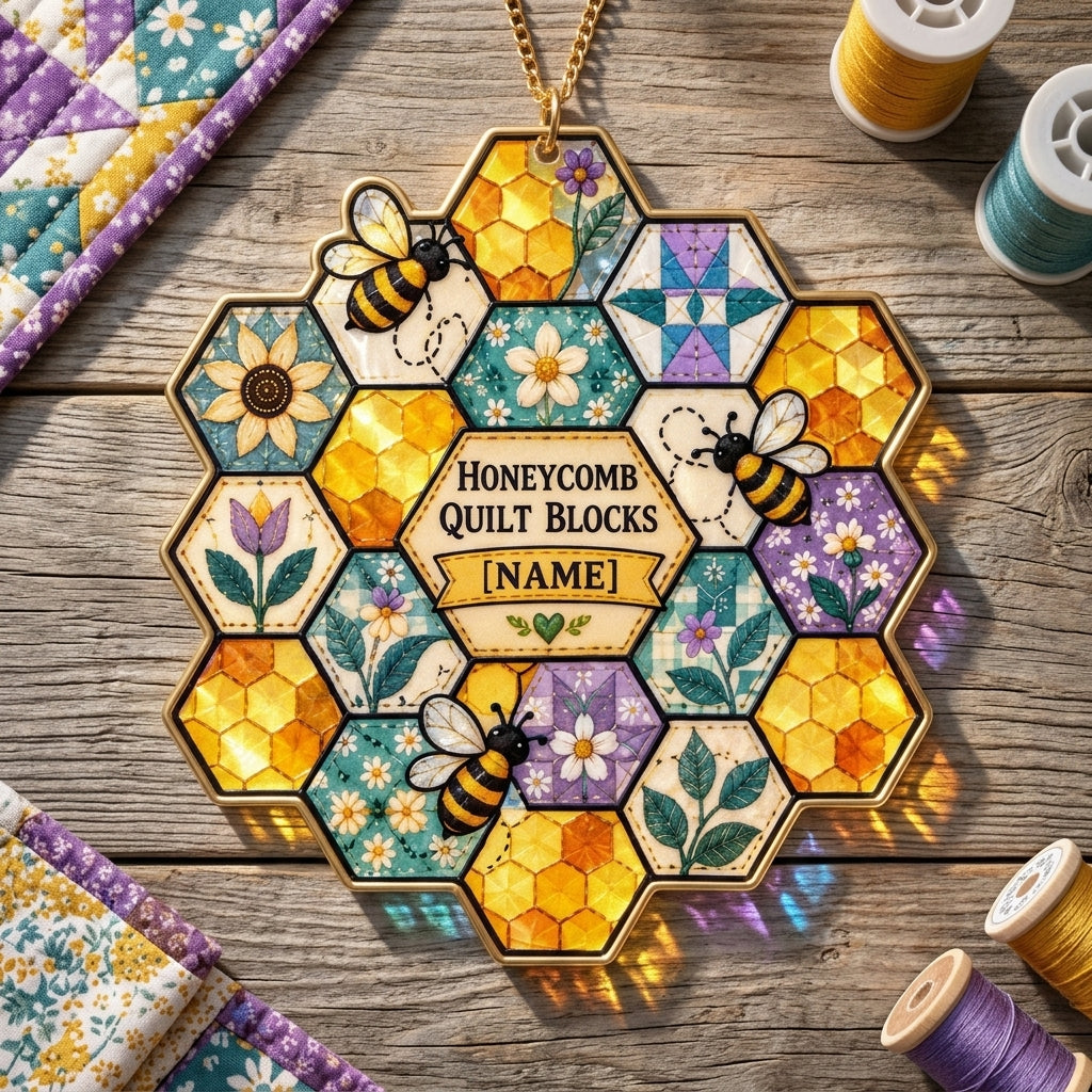 Personalized Honeycomb Quilt Block Custom Shape Suncatcher – Gift for Quilters - mockup 2