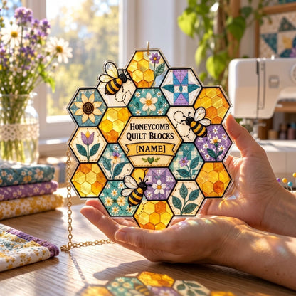 Personalized Honeycomb Quilt Block Custom Shape Suncatcher – Gift for Quilters - mockup 3