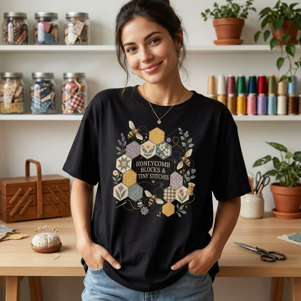Honeycomb Blocks & Tiny Stitches Quilting T-shirt Sweatshirt Hoodie – Crafter Gift - mockup 1