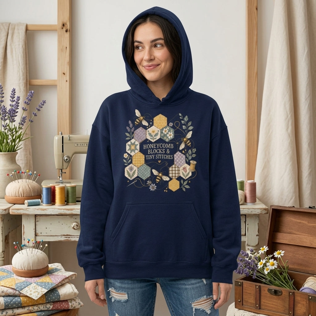 Honeycomb Blocks & Tiny Stitches Quilting T-shirt Sweatshirt Hoodie – Crafter Gift - mockup 3