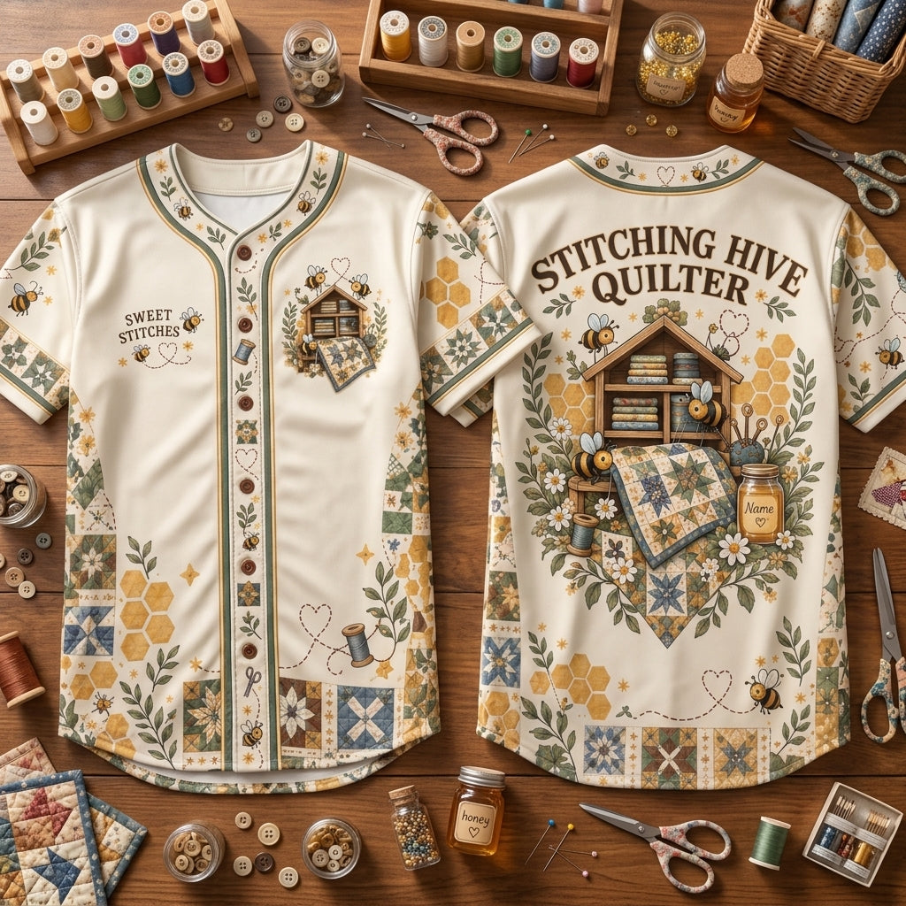 Personalized Stitching Hive Quilter Baseball Jersey – Gift for Quilting Enthusiasts - mockup 1
