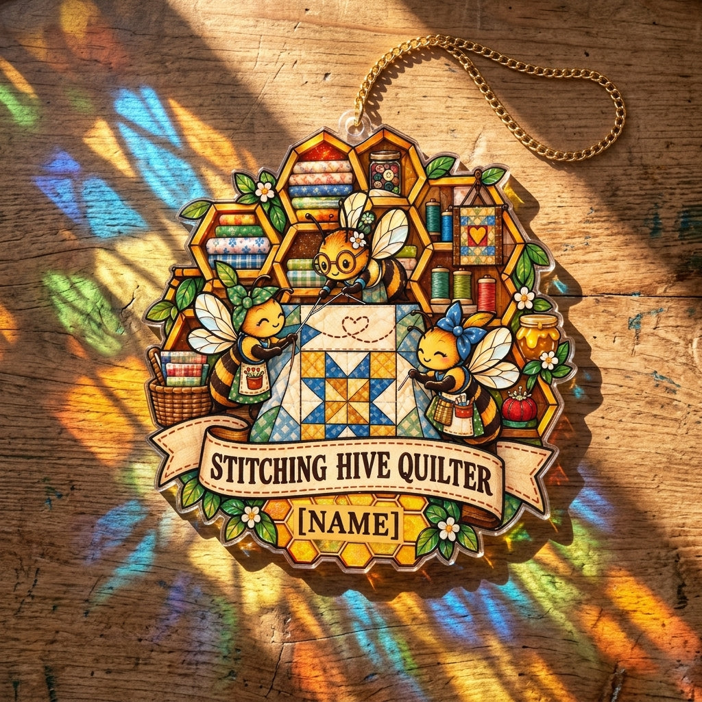 Personalized Stitching Hive Quilter Custom Shape Suncatcher for Sewing Rooms - mockup 2
