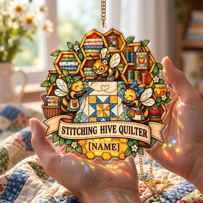 Personalized Stitching Hive Quilter Custom Shape Suncatcher for Sewing Rooms - mockup 3