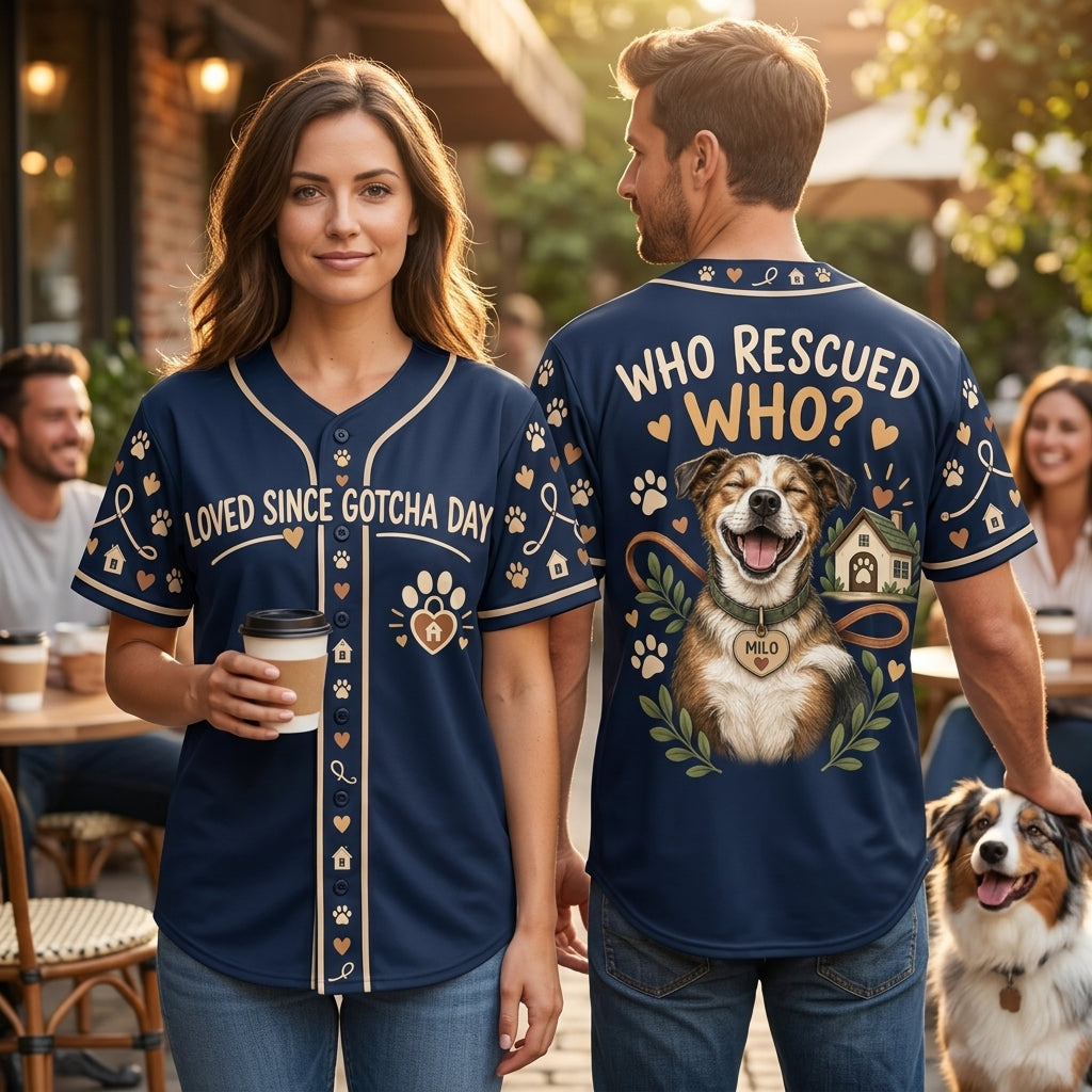Personalized Who Rescued Who Baseball Jersey - Rescue Dog Gotcha Day Gift - mockup 1
