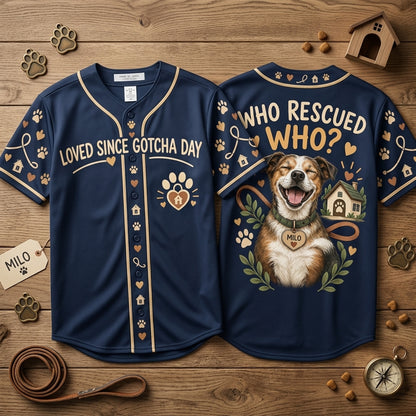 Personalized Who Rescued Who Baseball Jersey - Rescue Dog Gotcha Day Gift - mockup 2