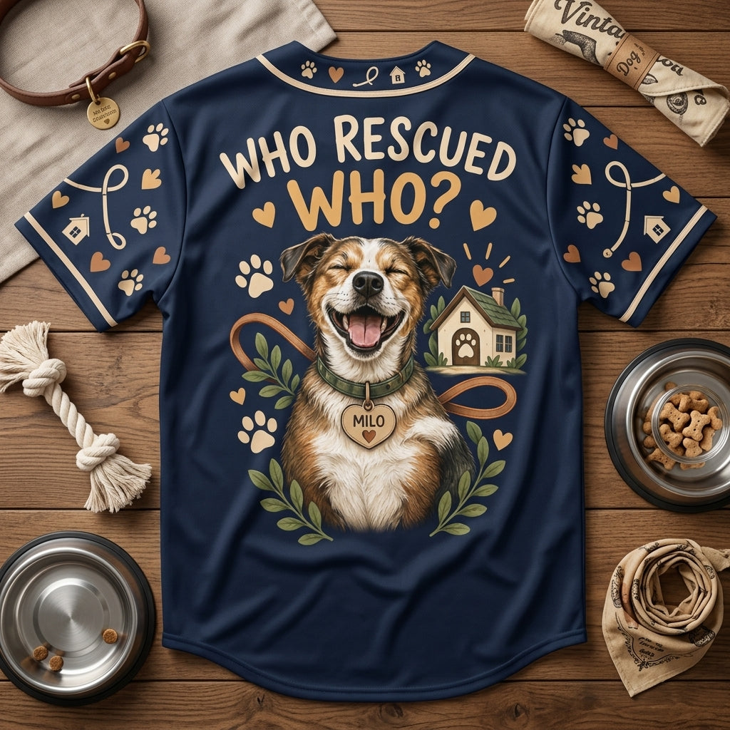 Personalized Who Rescued Who Baseball Jersey - Rescue Dog Gotcha Day Gift - mockup 4