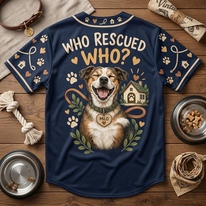 Personalized Who Rescued Who Baseball Jersey - Rescue Dog Gotcha Day Gift - mockup 4