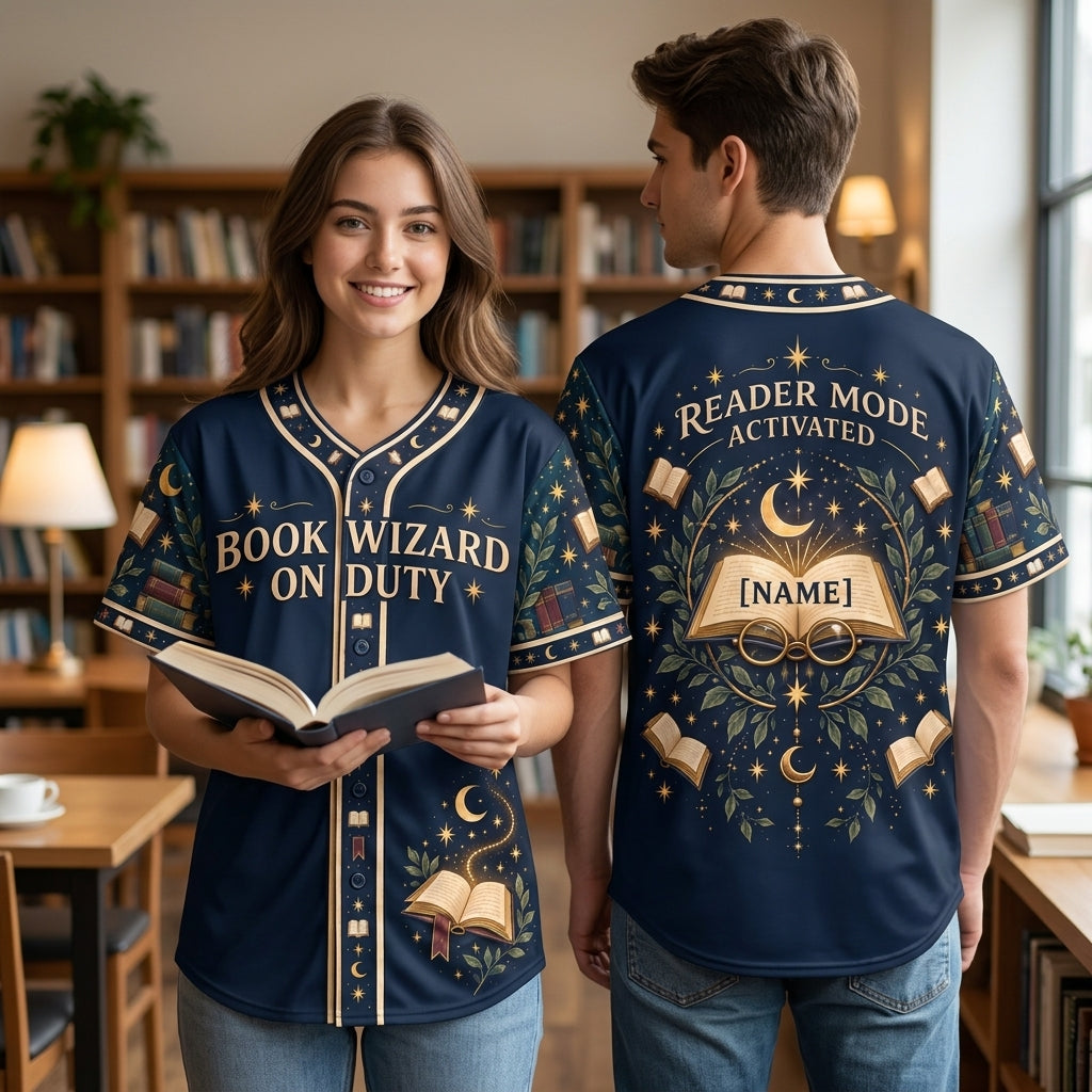 Custom Book Wizard On Duty Baseball Jersey - Celestial Book Lover Gift - mockup 1