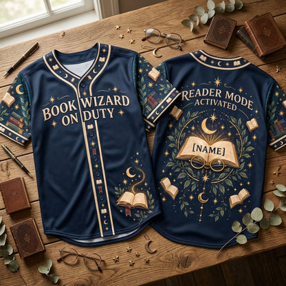 Custom Book Wizard On Duty Baseball Jersey - Celestial Book Lover Gift - mockup 2