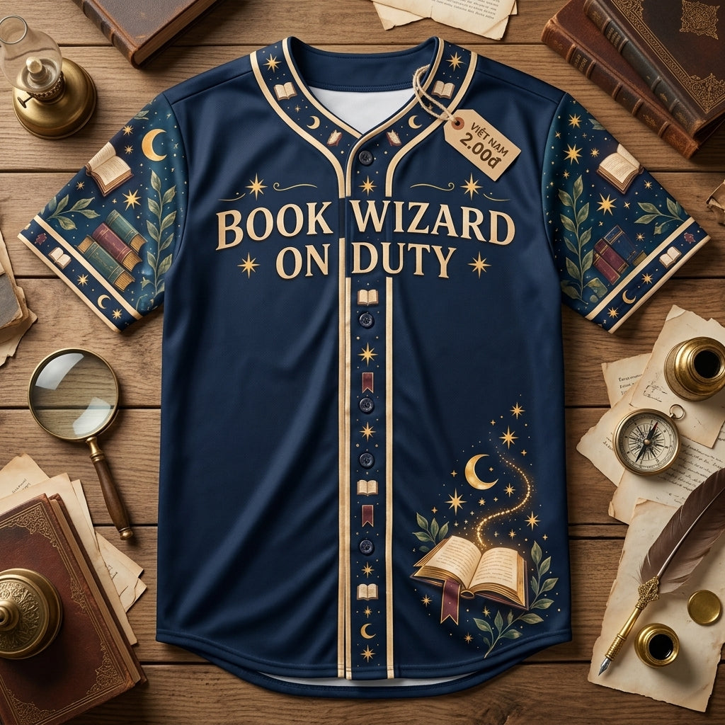 Custom Book Wizard On Duty Baseball Jersey - Celestial Book Lover Gift - mockup 3
