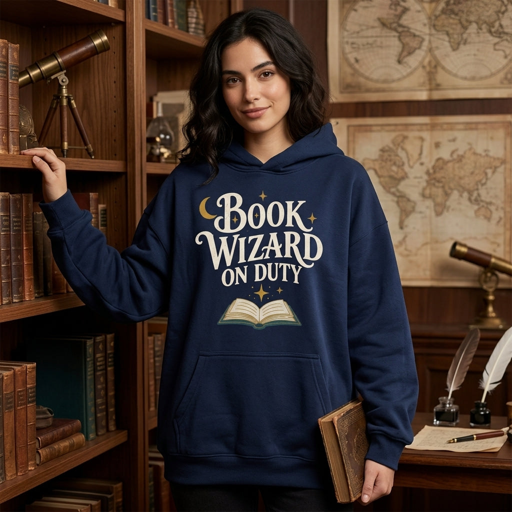 Book Wizard on Duty T-shirt Sweatshirt Hoodie – Vintage Gift for Book Lovers - mockup 3