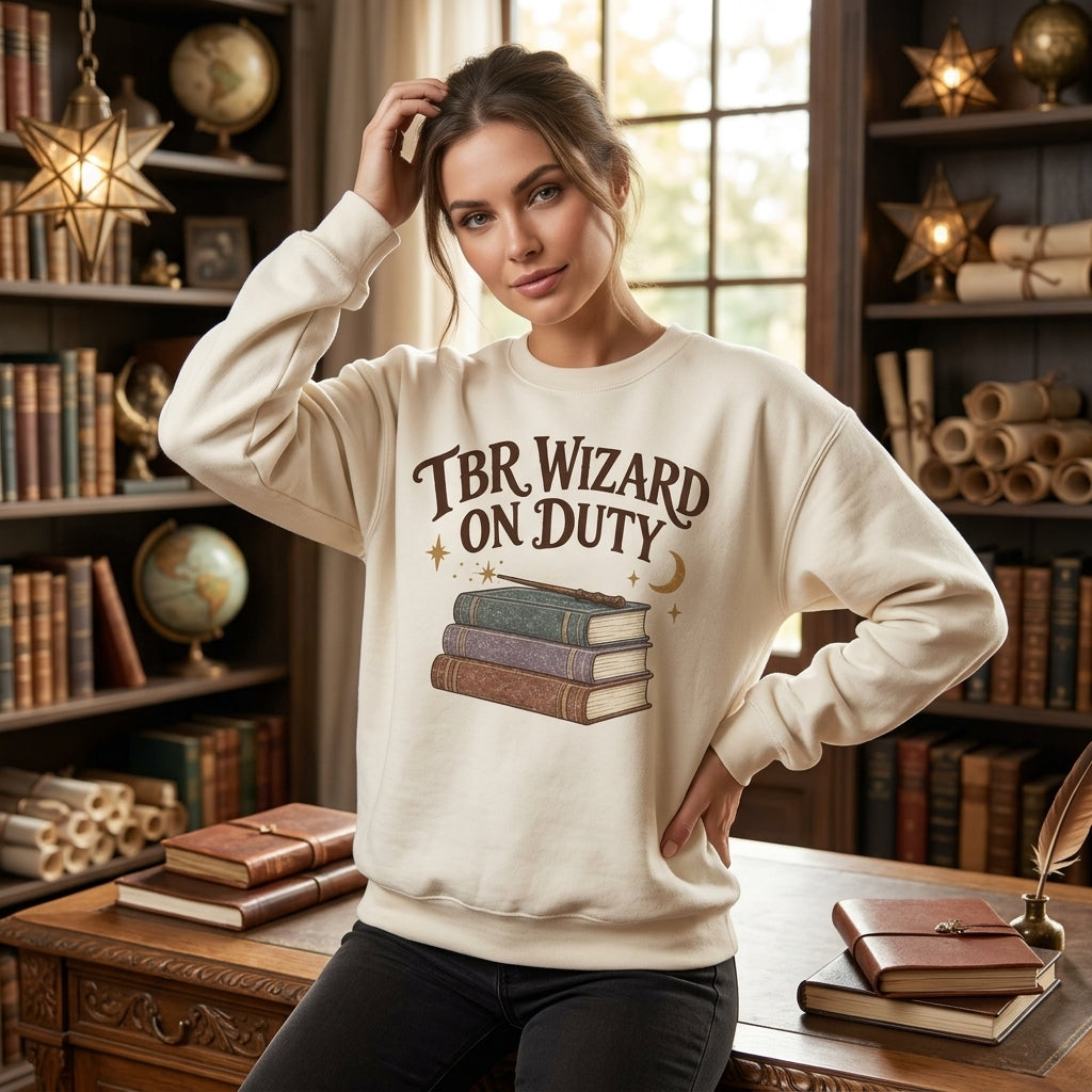 TBR Wizard on Duty T-shirt Sweatshirt Hoodie – Magical Bookworm Apparel - mockup 2