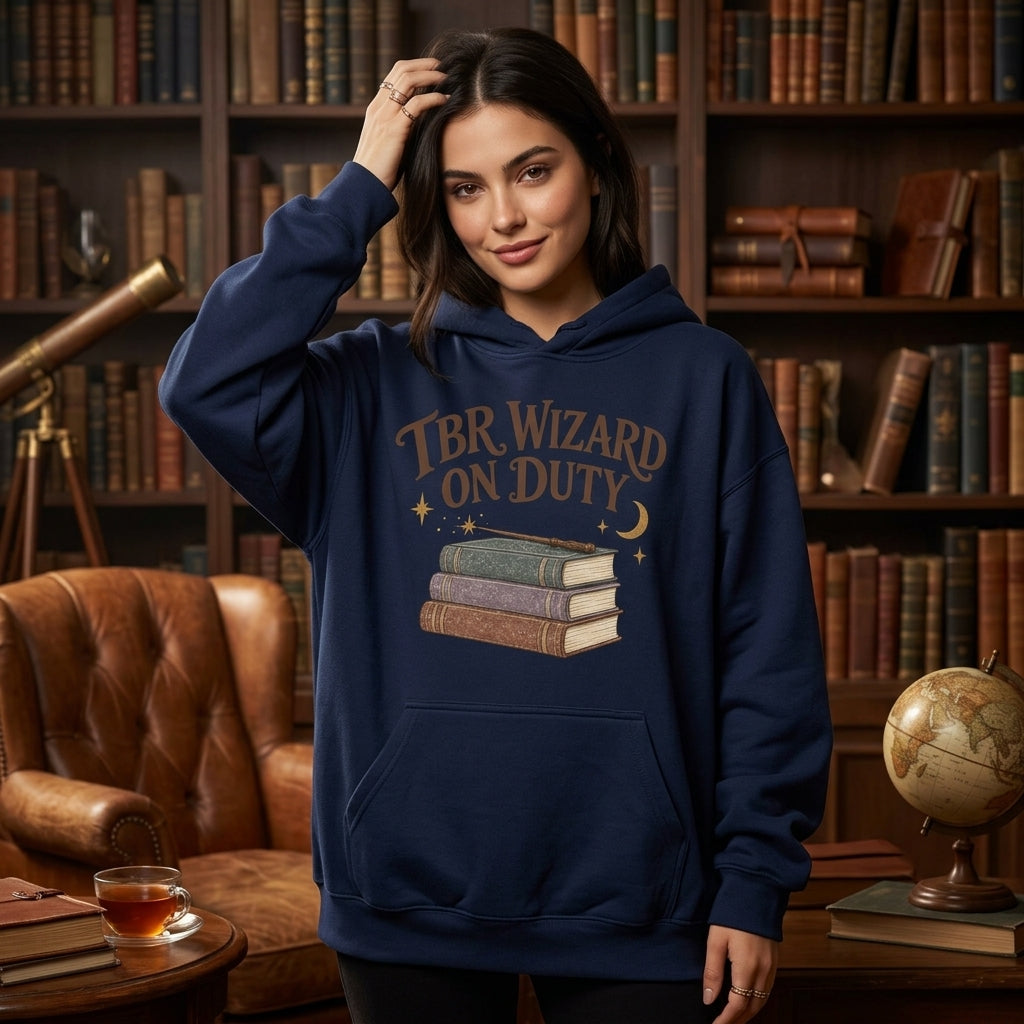 TBR Wizard on Duty T-shirt Sweatshirt Hoodie – Magical Bookworm Apparel - mockup 3