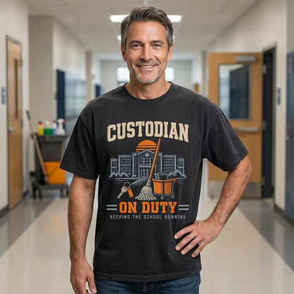 Custodian On Duty Keeping The School Running T-shirt Sweatshirt Hoodie – School Janitor Gift - mockup 1