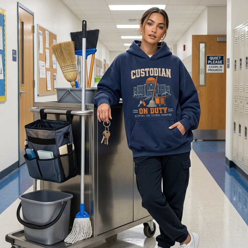 Custodian On Duty Keeping The School Running T-shirt Sweatshirt Hoodie – School Janitor Gift - mockup 3