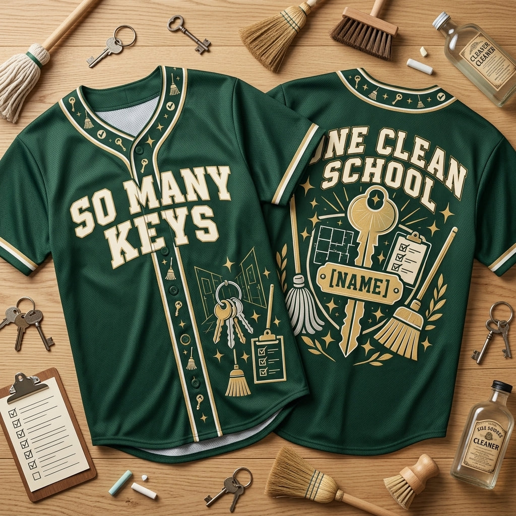 Personalized School Custodian Keys Baseball Jersey - One Clean School Janitor Gift - mockup 2