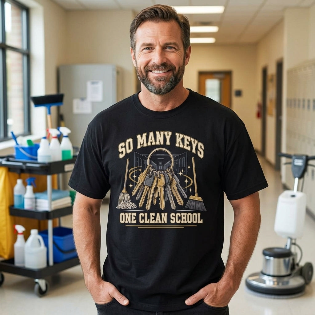 School Custodian Keys "So Many Keys One Clean School" T-shirt Sweatshirt Hoodie - Janitor Gift - mockup 1