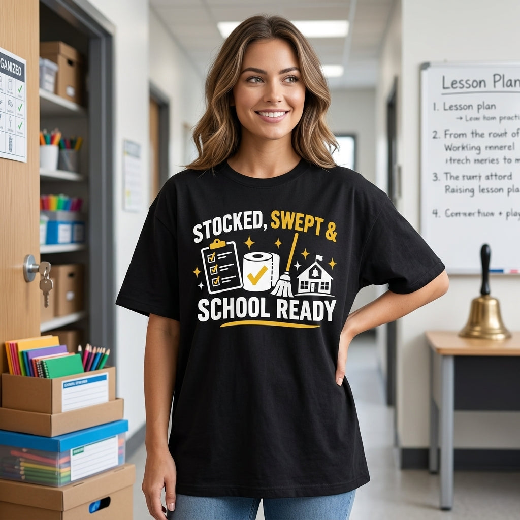 Stocked Swept & School Ready School Custodian T-shirt Sweatshirt Hoodie – Janitor Gift - mockup 1