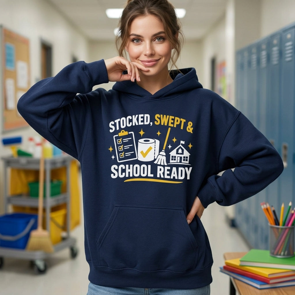Stocked Swept & School Ready School Custodian T-shirt Sweatshirt Hoodie – Janitor Gift - mockup 3