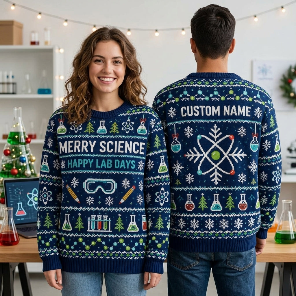 Personalized Science Teacher Christmas Lab Ugly Sweater - Happy Lab Days - mockup 1