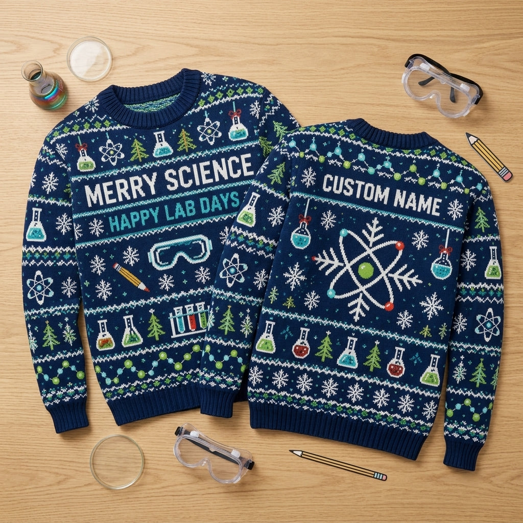 Personalized Science Teacher Christmas Lab Ugly Sweater - Happy Lab Days - mockup 2
