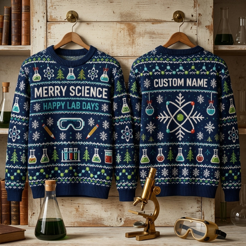 Personalized Science Teacher Christmas Lab Ugly Sweater - Happy Lab Days - mockup 3