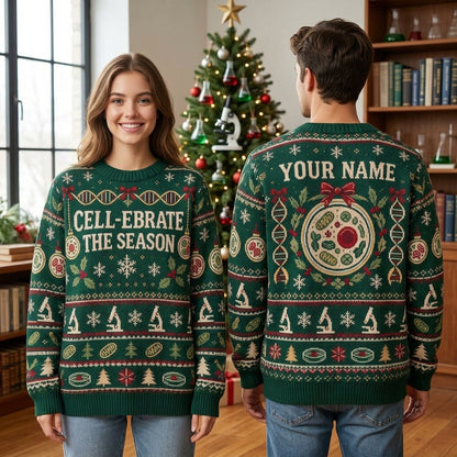 Personalized Biology Teacher Festive Cell Lab Ugly Sweater – Science Gift - mockup 1