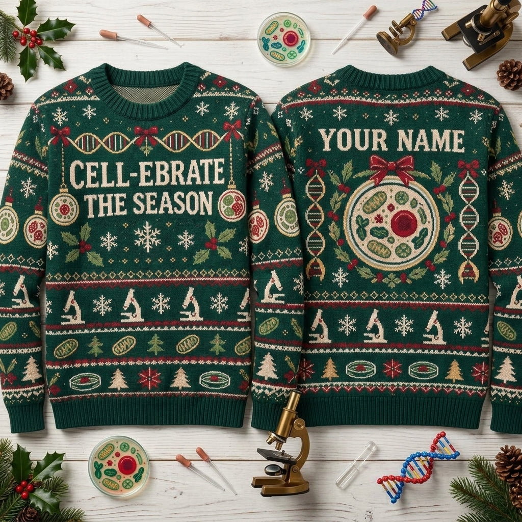 Personalized Biology Teacher Festive Cell Lab Ugly Sweater – Science Gift - mockup 2