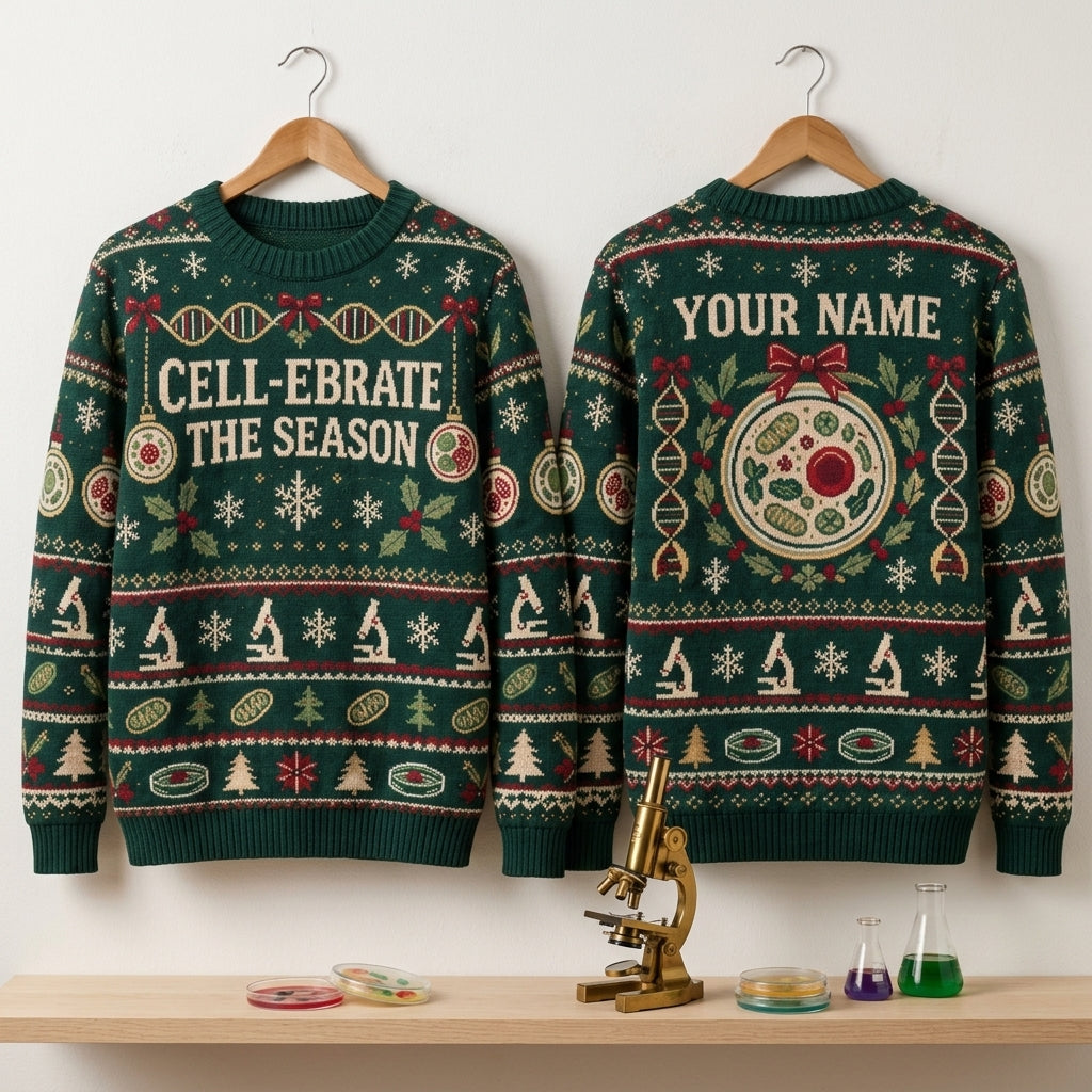 Personalized Biology Teacher Festive Cell Lab Ugly Sweater – Science Gift - mockup 3