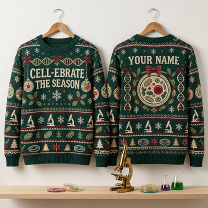 Personalized Biology Teacher Festive Cell Lab Ugly Sweater – Science Gift - mockup 3