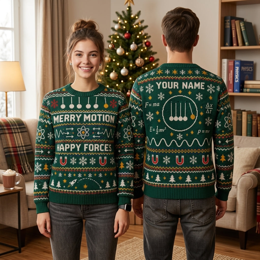 Personalized Physics Teacher Merry Motion Ugly Sweater – Science Gift - mockup 1
