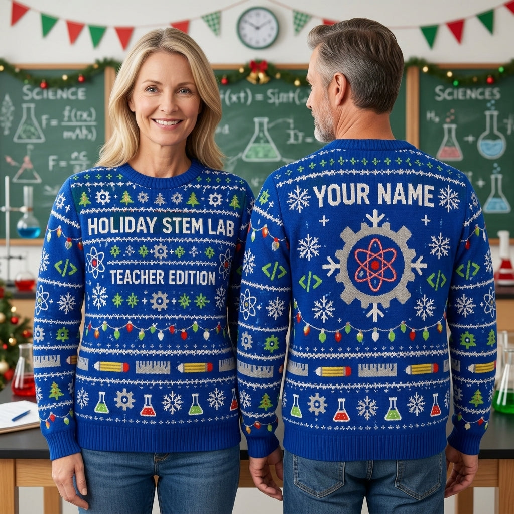 Personalized STEM Teacher Winter Lab Ugly Sweater - Custom Holiday Science Gift - mockup 1