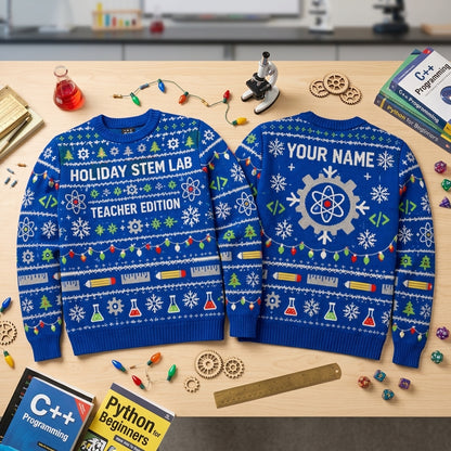 Personalized STEM Teacher Winter Lab Ugly Sweater - Custom Holiday Science Gift - mockup 2