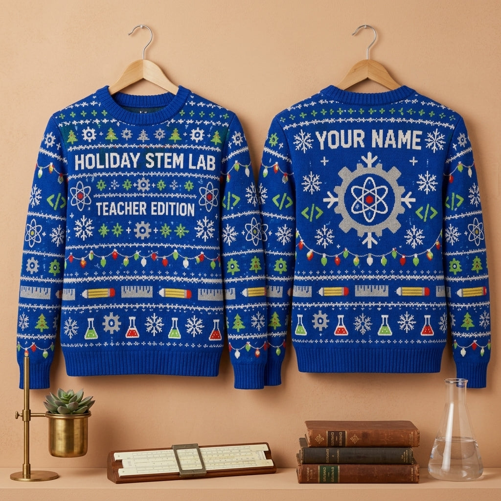 Personalized STEM Teacher Winter Lab Ugly Sweater - Custom Holiday Science Gift - mockup 3