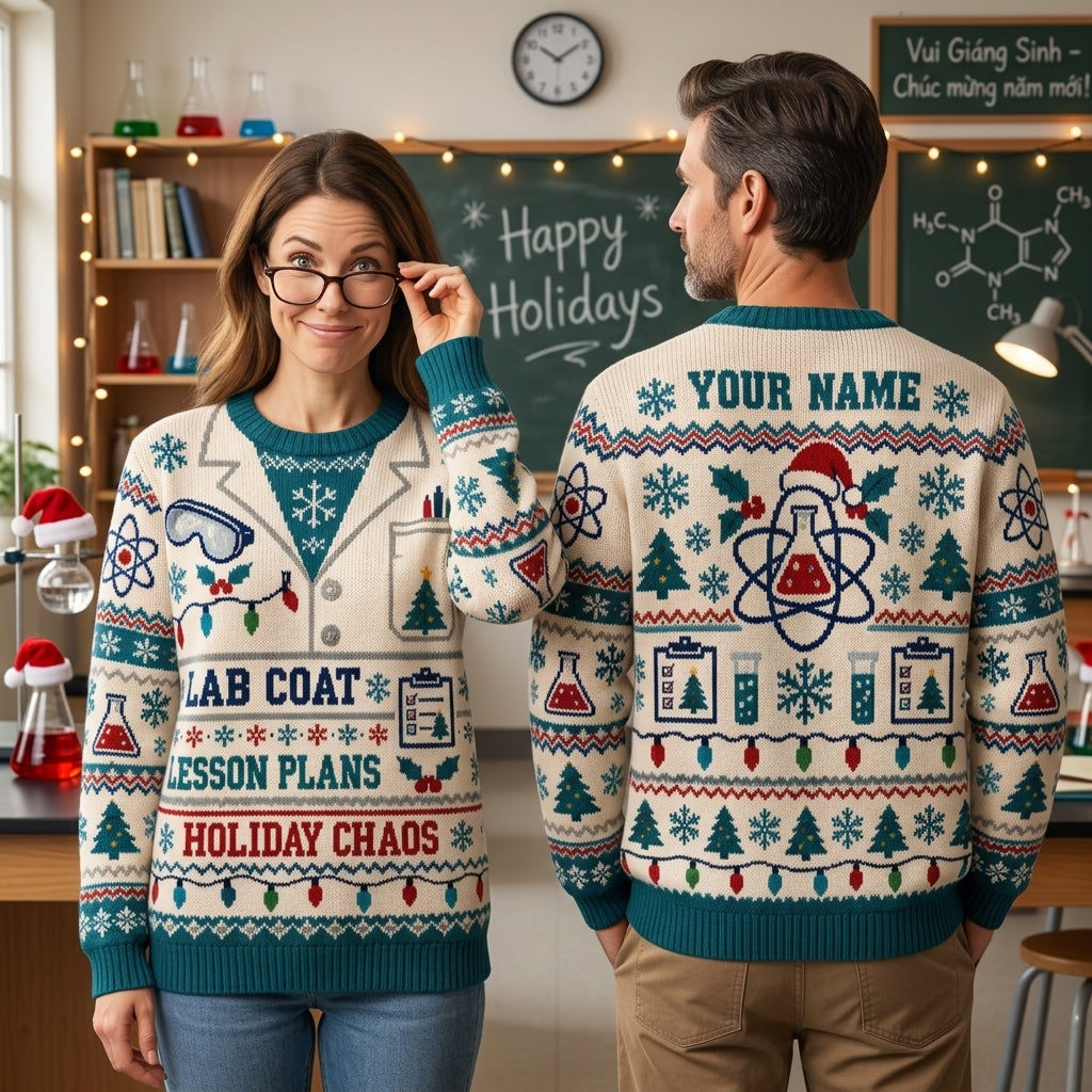 Personalized Science Teacher Holiday Lab Coat Ugly Sweater for Teachers - mockup 1