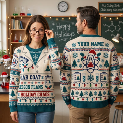 Personalized Science Teacher Holiday Lab Coat Ugly Sweater for Teachers - mockup 1