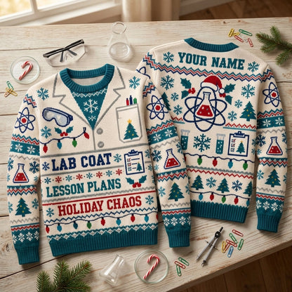 Personalized Science Teacher Holiday Lab Coat Ugly Sweater for Teachers - mockup 2