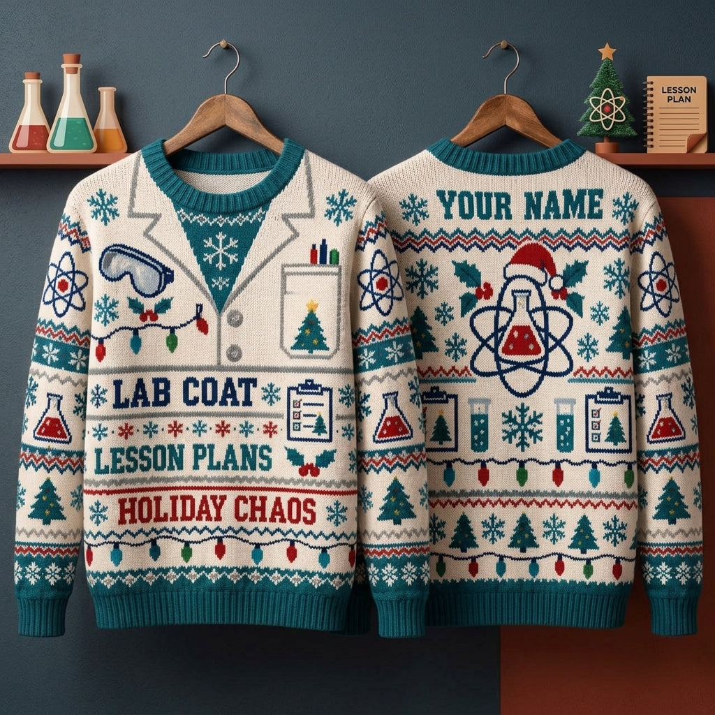Personalized Science Teacher Holiday Lab Coat Ugly Sweater for Teachers - mockup 3