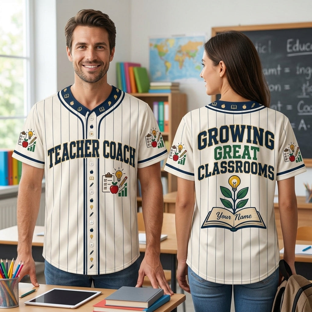 Personalized Teacher Coach Baseball Jersey - Custom Instructional Coach Pinstripe Shirt - mockup 1