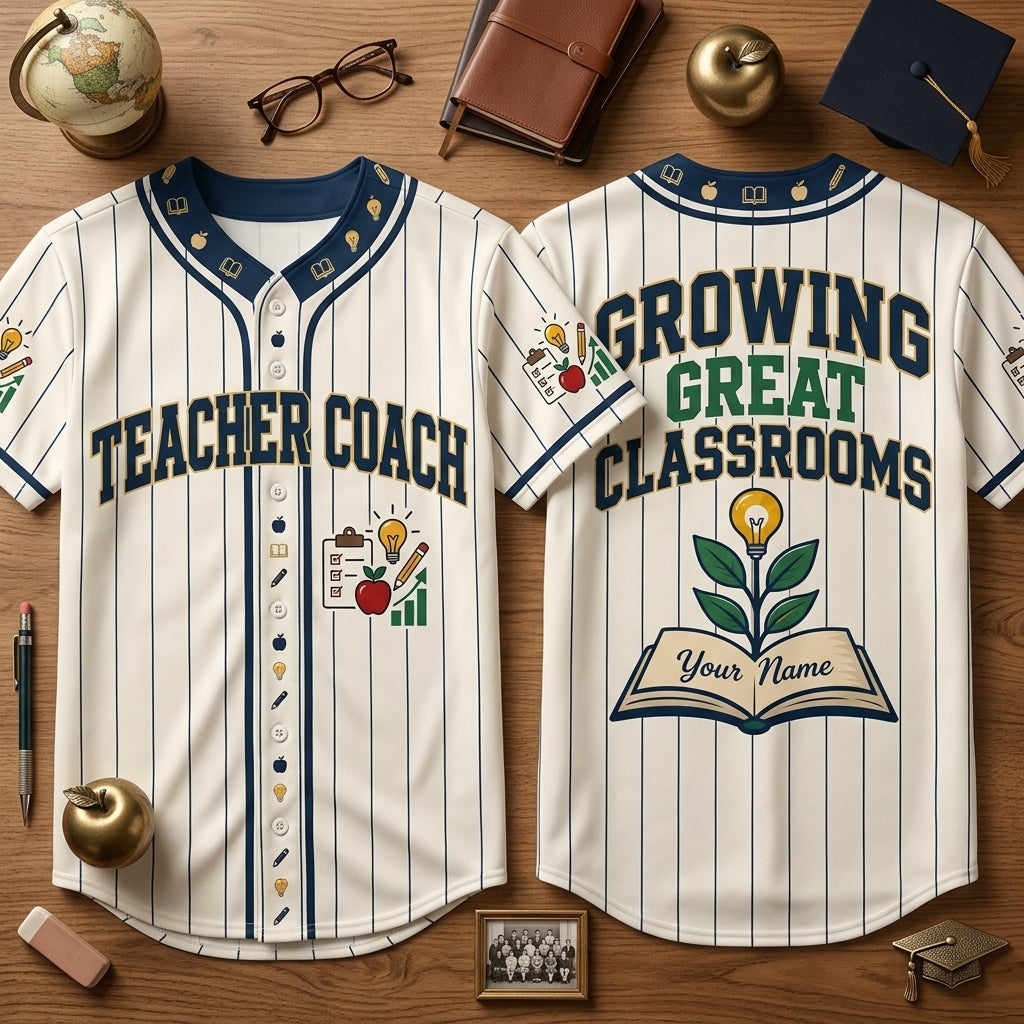 Personalized Teacher Coach Baseball Jersey - Custom Instructional Coach Pinstripe Shirt - mockup 2