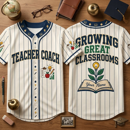 Personalized Teacher Coach Baseball Jersey - Custom Instructional Coach Pinstripe Shirt - mockup 2