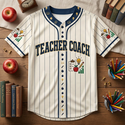 Personalized Teacher Coach Baseball Jersey - Custom Instructional Coach Pinstripe Shirt - mockup 3
