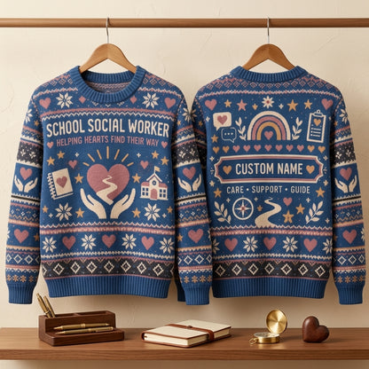 Personalized School Social Worker Ugly Sweater - Helping Hearts Gift - mockup 3