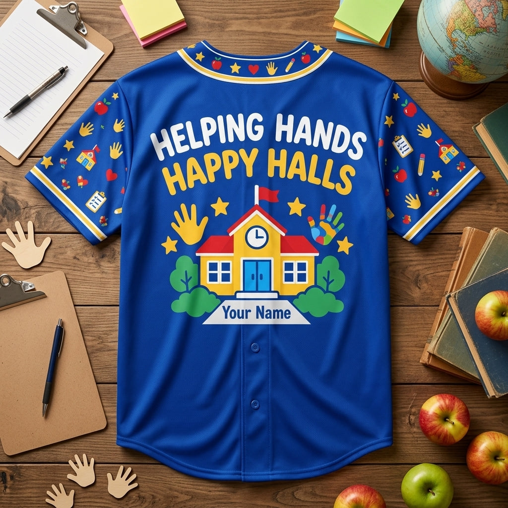 Custom School Volunteer Baseball Jersey - Helping Hands Happy Halls - mockup 4